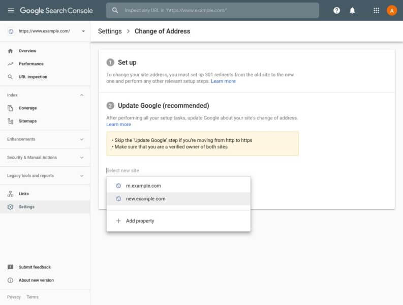 Google Search Consule change adress tool